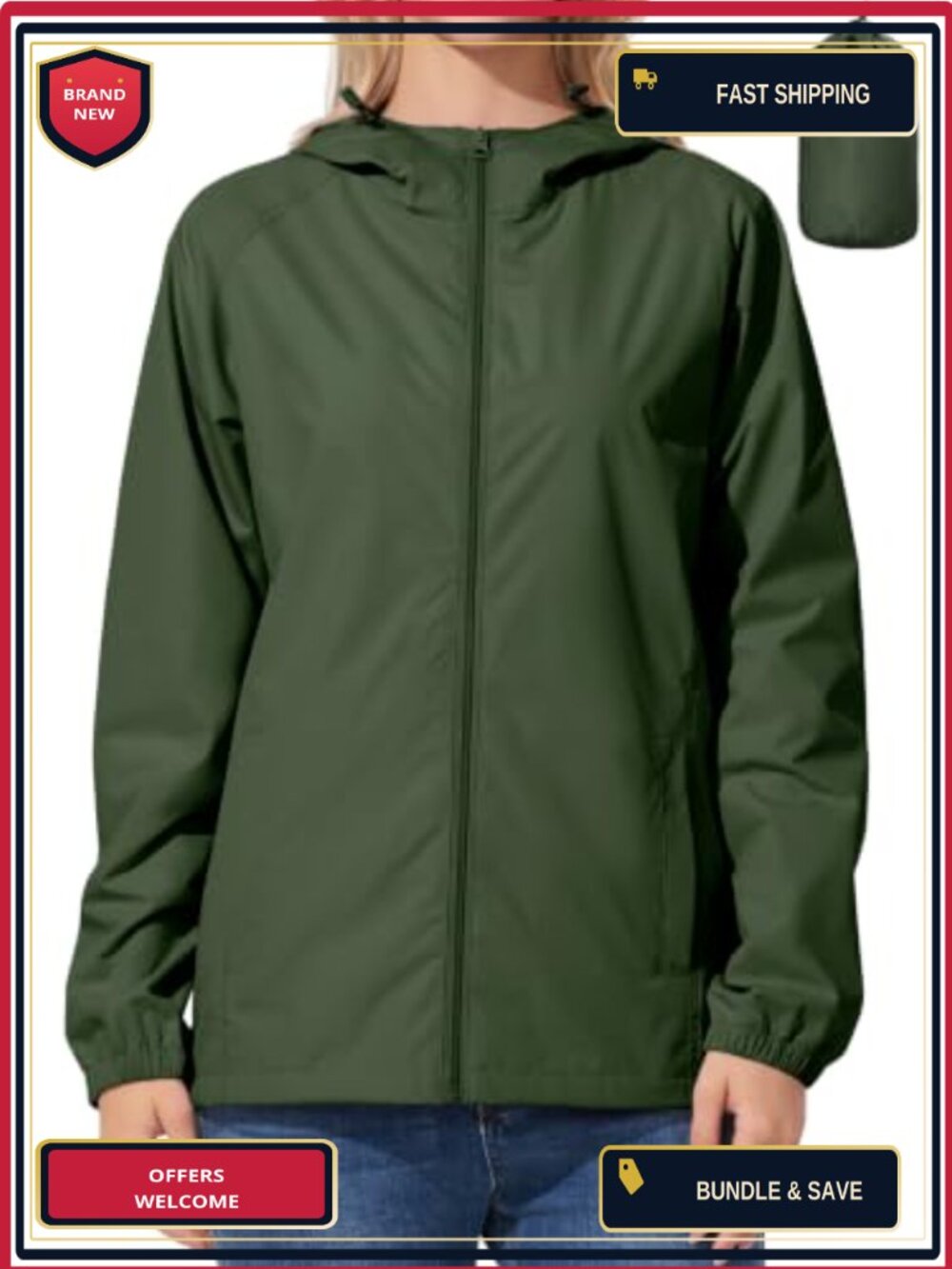 Women's Waterproof Lightweight Packable Rain Jacket with Hood